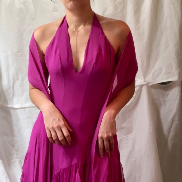 BCBGMAXAZRIA pink layered halter dress with shawl - Picture 2 of 6